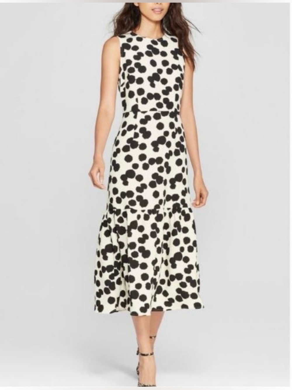 Who What Wear Black and Cream Polka Dot Sleeveless Midi Dress